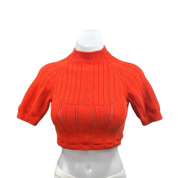Free People Women's Orange Mock Neck Cutout Back Short Sleeve Crop Sweater Top S - Picture 1 of 4